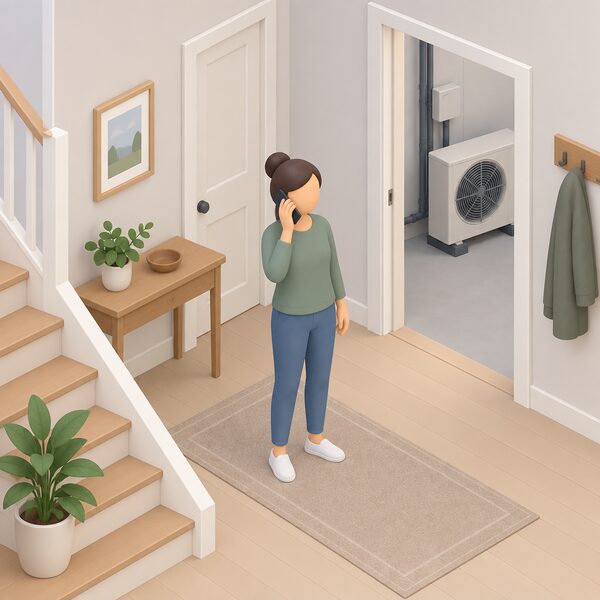 A householder standing in their home hallway holding a mobile phone to their ear, taking a short verification call, with a recently installed heat pump or solar equipment visible through an interior doorway in the background.