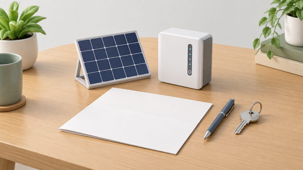 A small model of a rooftop solar panel and a compact home battery sit on a table beside a blank folded estimate document, a pen and a house key, arranged as the moment before a householder signs a pre-sale contract.