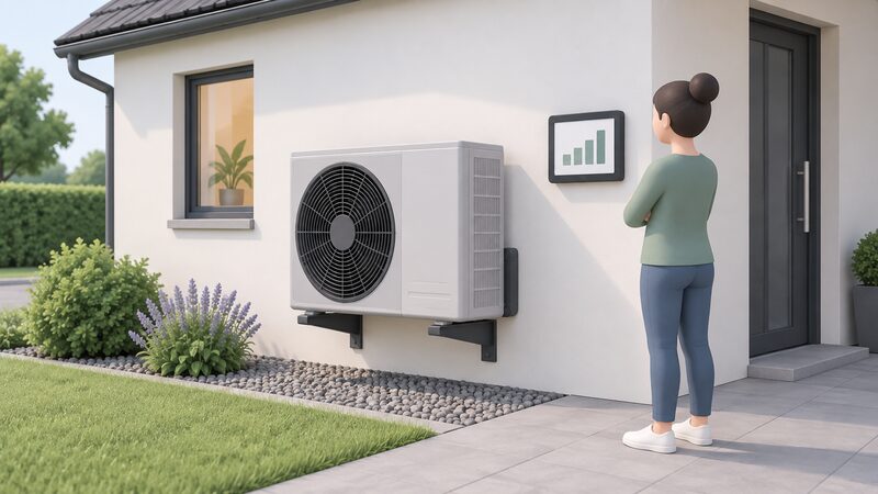 A heat pump outdoor unit on an outside wall with a small monitoring display beside it showing measured output as plain blank bars, illustrating that measured performance after commissioning sits outside the MCS performance estimate requirement.