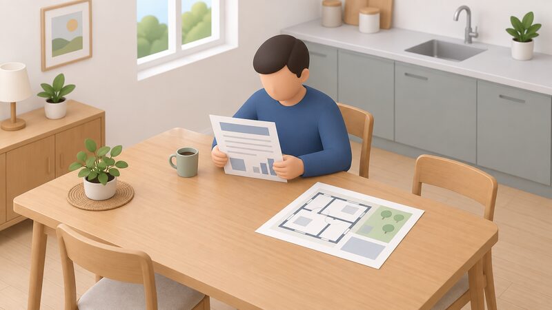 A householder seated at a kitchen table reading a printed performance estimate document beside a printed system design drawing of their home, with no installation work yet started anywhere in the scene.