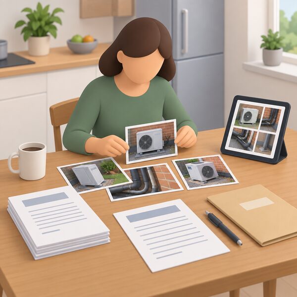 A householder at a kitchen table laying out printed photographs of the installed heat pump and paperwork, with a tablet or phone showing more photos, assembling the evidence to send with a complaint about the installer's work.