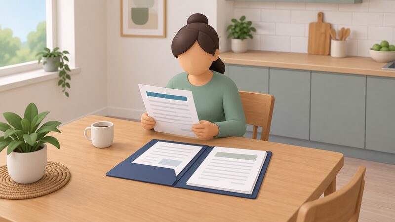 A householder seated at a kitchen table reading an MCS certificate sheet held beside an open installer's handover folder, both documents shown as physical papers with blank lines and plain colour bands instead of readable content.