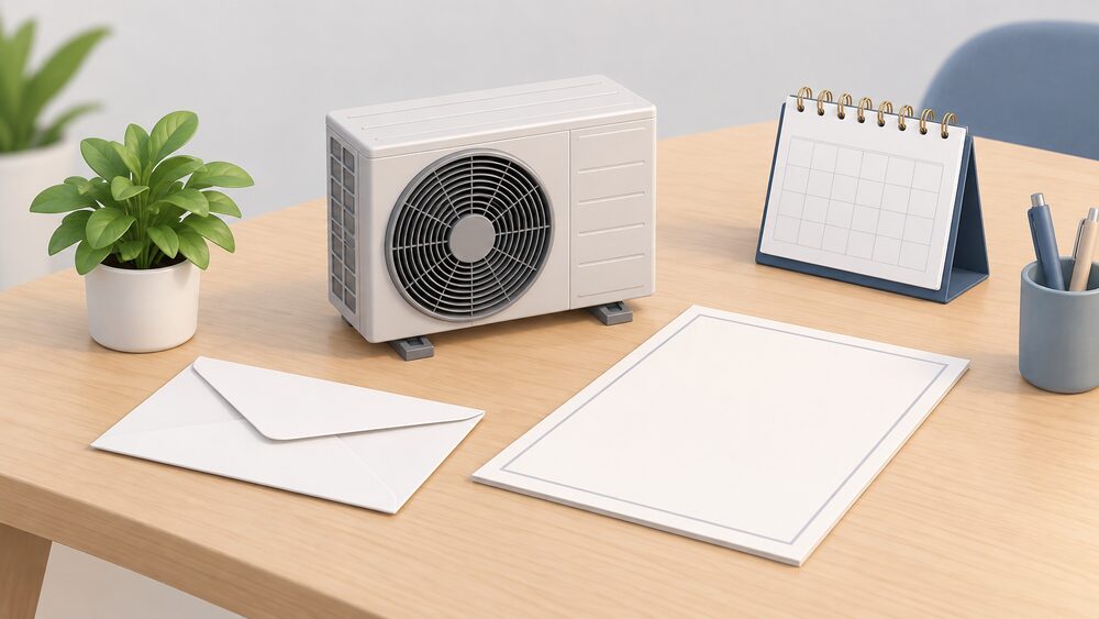 A small model of an air source heat pump fan unit standing on a table beside a blank certificate-style document, a sealed envelope and a desk calendar, representing the paperwork moment that decides whether a renewable installation can be certified.