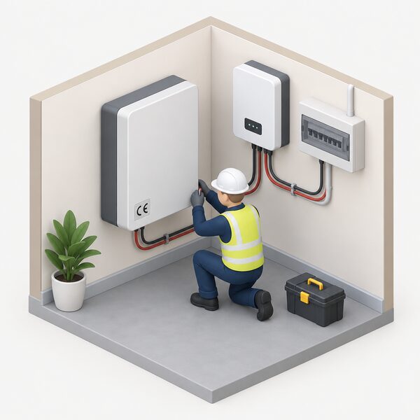 A small isometric figure of a certified installer fitting a wall-mounted domestic battery storage unit indoors, with the UKCA or CE marking plate visible on the unit's casing and its cabling running to an adjacent inverter and consumer unit on the wall.