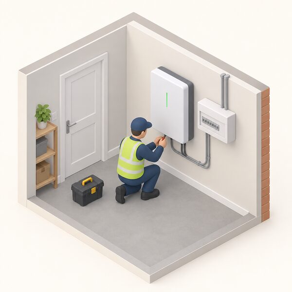 An installer fitting a domestic battery to the wall of a UK home, shown as a simplified isometric scene with the battery unit mounted indoors next to the consumer unit and the installer at work on the connection.