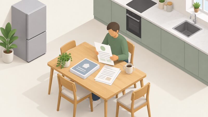 A householder sits at a kitchen table turning through a handover pack of documents, with an MCS certificate sheet on top, shown as physical papers with blank lines and plain blocks instead of readable content.