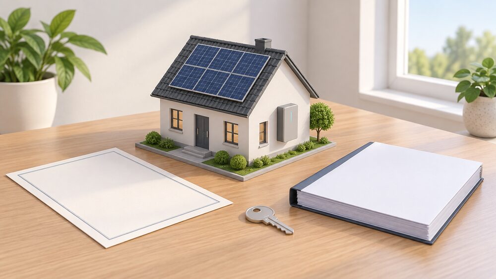 A small model house with rooftop solar panels and a wall-mounted battery stands on a table beside a blank certificate, a thick handover pack of blank bound pages, and a house key, all lit by daylight from a window.