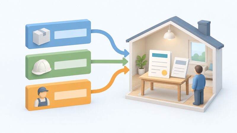 A simplified diagram of three plain blocks labelled only with blank colour bands — product standards, installation standards and installer certification — with arrows converging on a certificate and handover pack shown as a physical document resting on a table in a small house outline.