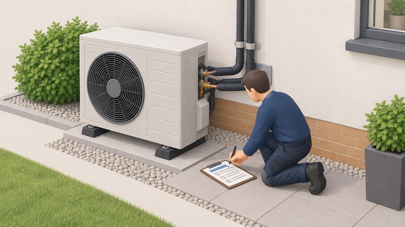 An engineer in plain work clothing kneels beside an outdoor air source heat pump unit at the side of a house, checking the pipework and refrigerant connections while completing a sign-off sheet on a clipboard resting nearby, its content shown only as blank lines and plain blocks.