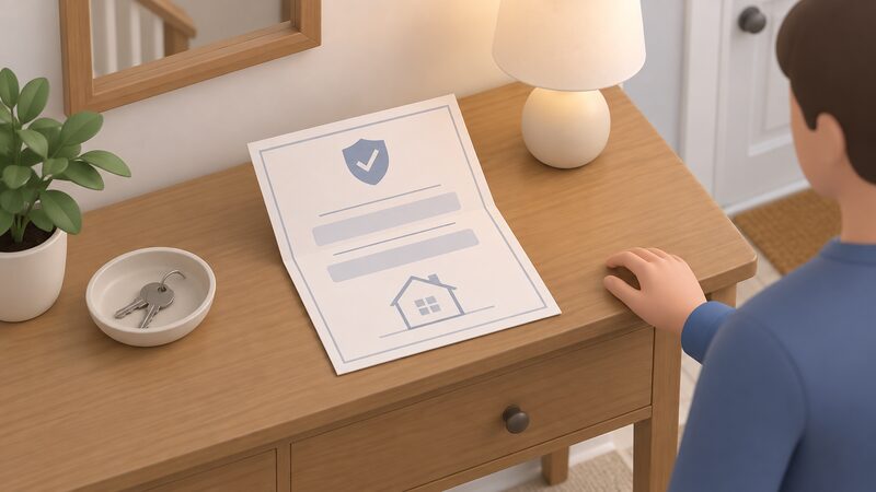 A folded insurance-backed guarantee certificate lying on a hall table beside a householder's hand, its face showing blank ruled lines where the named contractor and the term of cover would appear, with a small house outline suggesting the covered installation.