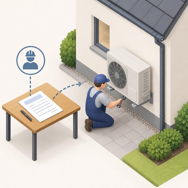 A subcontractor installer fitting an outdoor air source heat pump unit at a house wall, with a formal subcontract agreement document shown as a physical sheet on a nearby table, while the certified operator's responsibility is represented by the agreement linking the work back to them.
