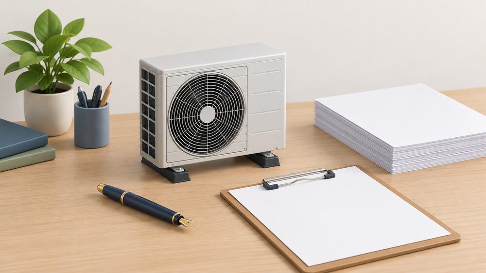 A small model of an air source heat pump outdoor unit stands on a desk beside a stack of blank paperwork, a clipboard with a blank sheet, and a fountain pen, representing the certification and contract documents held by the umbrella operator for a subcontracted installation.