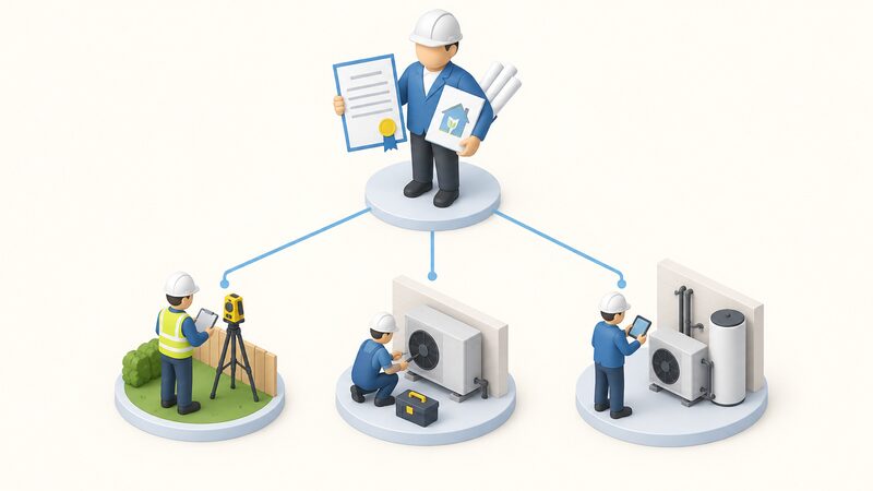 A simplified isometric diagram with a central umbrella operator figure holding a certificate and design documents, connected by plain lines to three smaller subcontractor figures below performing a site survey, an installation and a commissioning check on a small renewable system.