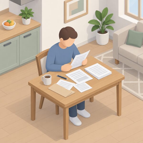 A householder seated at a kitchen or living-room table at home, reading through a printed contract and related paperwork, with a pen at hand and the papers spread out for careful review.