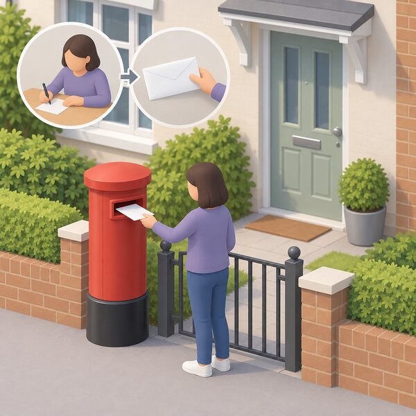 A householder standing at a UK home's front gate posting a sealed envelope containing a cancellation notice into a red Royal Mail-style post box, with the house front door visible behind them.