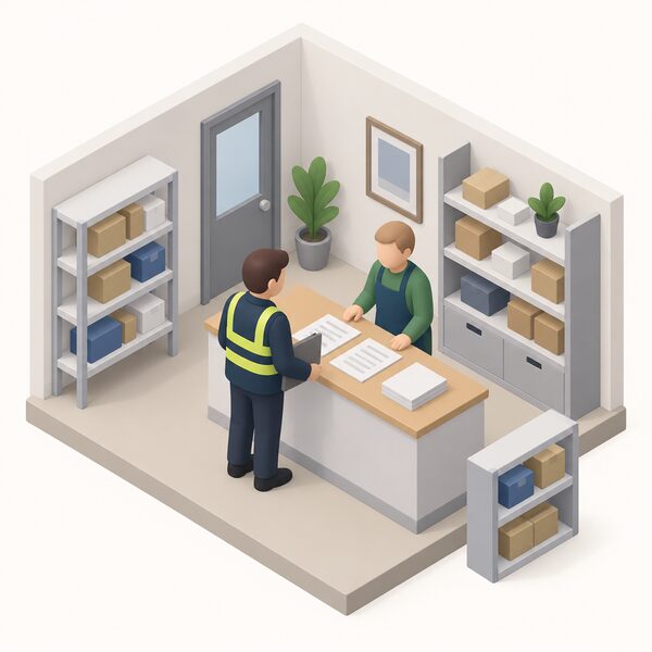 A Trading Standards inspector, shown as a simplified isometric figure carrying a folder, stands at the counter of a trader's small office premises, speaking with a trader figure while inspecting paperwork laid out on the counter during an investigation into an unfair commercial practice.