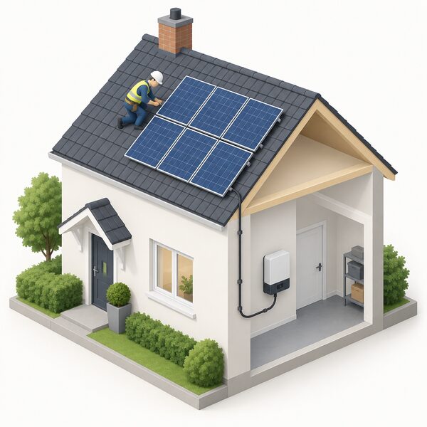 A small house with a few solar panels fitted neatly on its pitched roof, connected by a cable running down the wall into an inverter unit mounted indoors on a utility room wall, shown in a cutaway view with a simplified installer figure finishing work on the roof.
