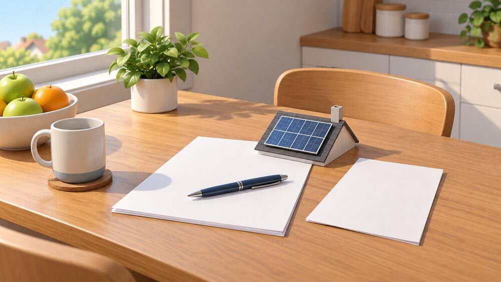 A kitchen table by a window with a blank contract form and a pen lying on it, a blank cancellation notice beside it, and a small model of a rooftop solar panel resting on the papers, suggesting the moment a doorstep energy sale is pressed on a householder.