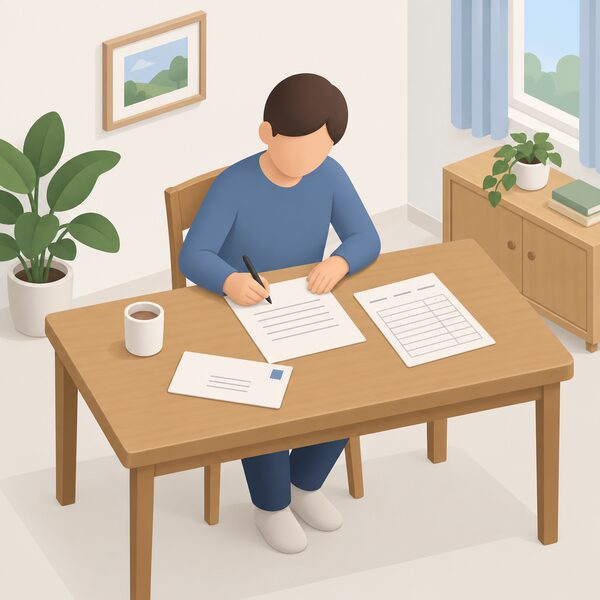 A householder seated at a table at home writing a complaint letter by hand, with a dated record sheet beside them and an envelope ready to send to the installer.