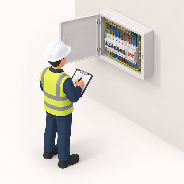 A simplified isometric NAPIT inspector stands beside a domestic consumer unit with the door open, hands behind back, observing the wiring and breakers while writing notes on a clipboard, touching nothing and carrying no tools.