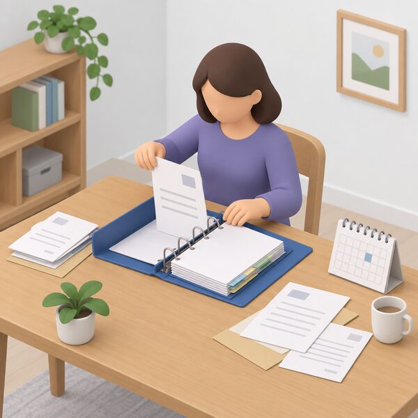 A householder at a home table placing a dated letter into a ring binder folder of complaint records, with a calendar and other dated papers alongside, showing careful keeping of the original complaint documents at home.