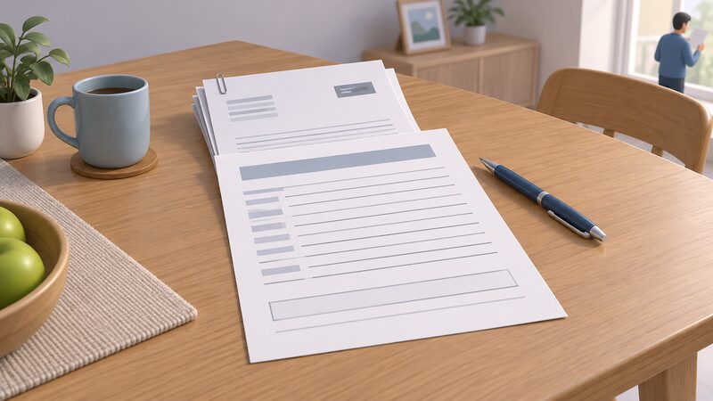 A printed complaints form lying on a home table, filled in with blank lines, with a small stack of dated letters from the installer paper-clipped behind it, one letter showing a plain date block, a pen resting beside the pile.