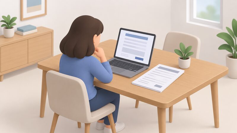 A householder seated at a table reading a complaints form on an open laptop, with printed electrical certification paperwork lying beside the laptop as a physical document with blank lines and plain blocks instead of readable content.