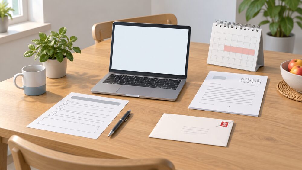 A kitchen table in daylight with a laptop showing a blank screen, a blank paper form beside it, a stamped envelope ready to post, a wall calendar standing nearby, and a dated letter kept as a record of the first complaint to the installer.