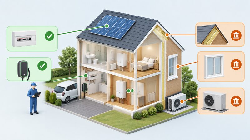 A cutaway isometric house diagram with a registered installer figure beside it, showing grouped household installations: notifiable electrical work, heating and plumbing, solar PV on the roof, a heat pump outside, and windows and insulation, with in-scope items marked as self-certifiable and others routed to building control.