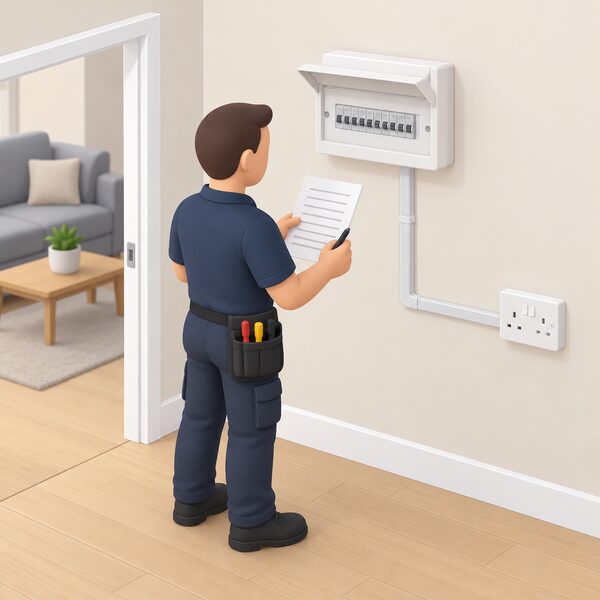 A registered electrician in plain work clothing stands in a home beside a newly installed consumer unit and socket circuit, inspecting the completed work and holding a paper certificate whose content is shown only as blank lines, ready to certify it as safe.