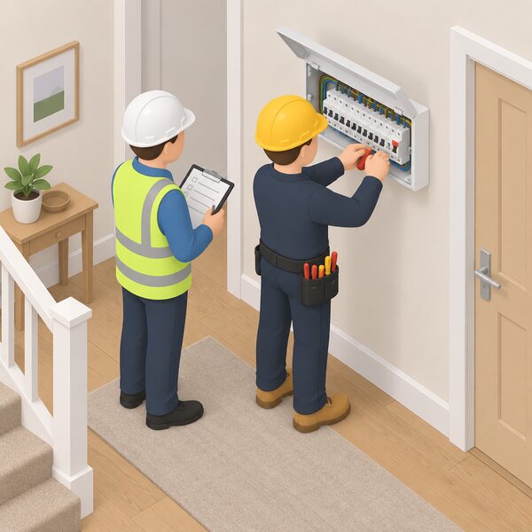 An assessor holding a clipboard stands beside an installer working on a domestic consumer unit, observing the wiring work inside the opened enclosure to judge competence before approval, in a plain home hallway setting.