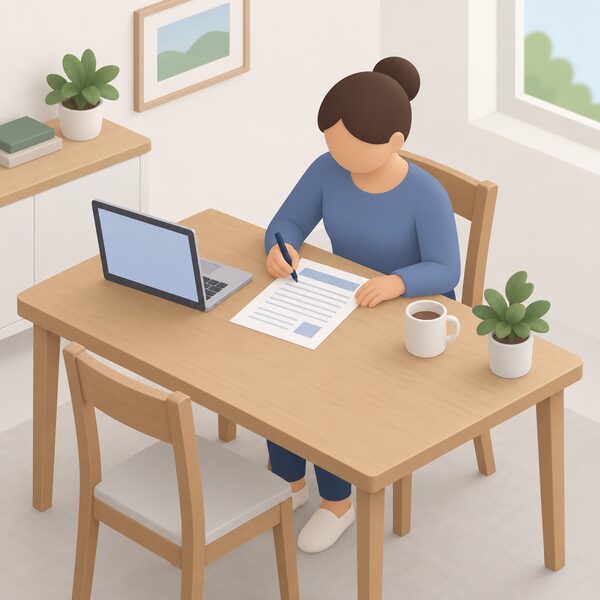 A simplified isometric figure seated at a home table filling in a printed complaints form with a pen, the sheet showing blank ruled lines and plain blocks only, with a laptop beside it suggesting the form was found on a website.