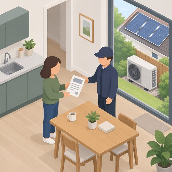 A simplified isometric homeowner standing at a kitchen or hallway table holding a printed MCS certificate sheet for a recently installed renewable technology, with a heat pump or solar panel installation visible through a window in the background.