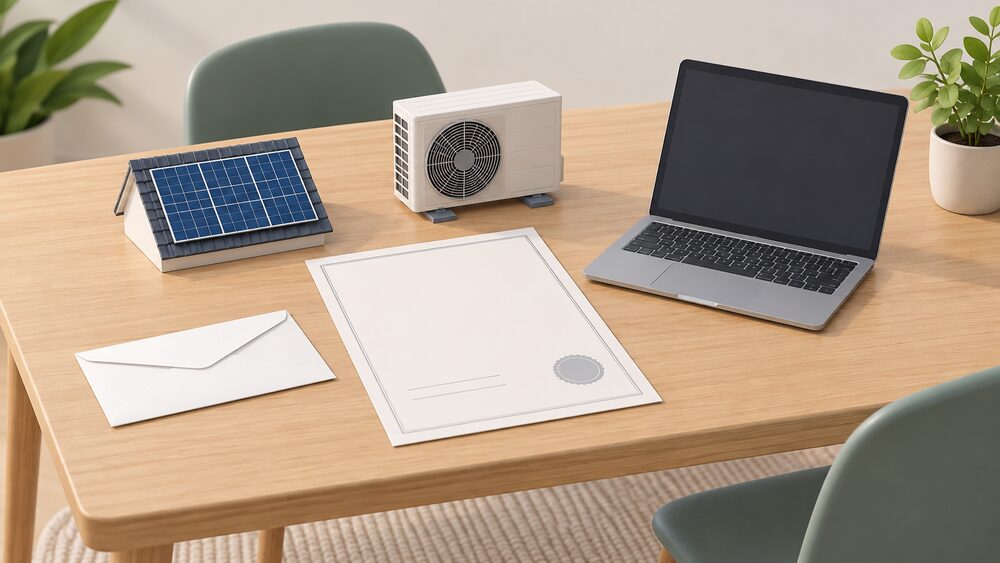 A kitchen table with a blank Building Regulations compliance certificate document beside a plain envelope, a small model of a rooftop solar panel, a small model of an air source heat pump outdoor unit, and a laptop with a blank screen for checking an installer's registration.