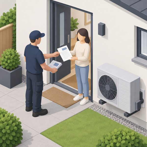 An installer in plain work clothing handing a completed paper installation certificate and warranty documents to a householder at the front door of a home with an air source heat pump unit visible outside, the paperwork shown with blank lines and plain blocks only.