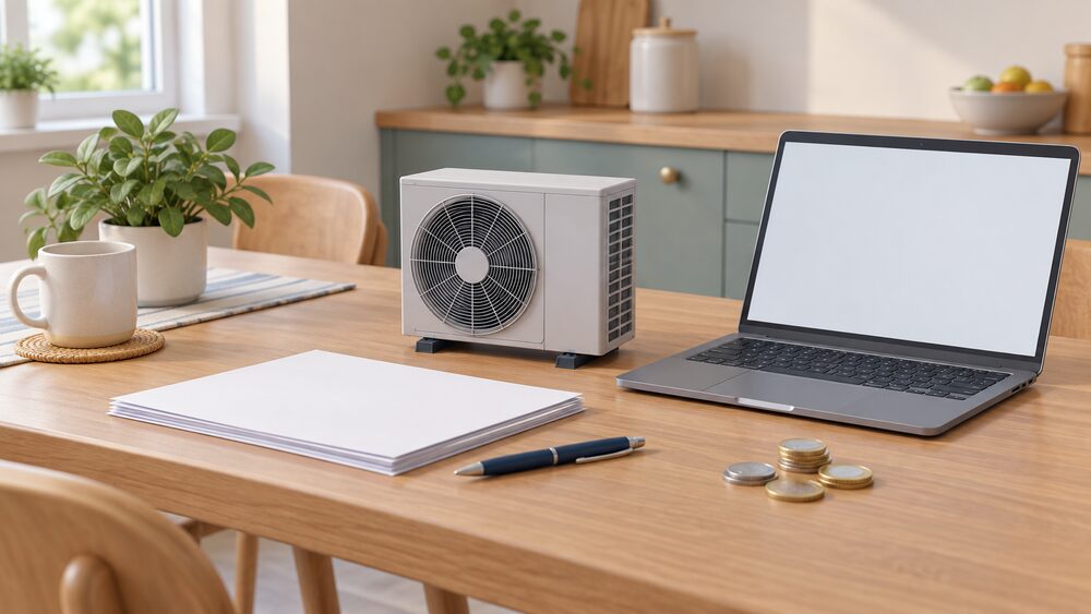 A small model of an air source heat pump outdoor fan unit stands on a kitchen table beside blank paperwork, a pen, a laptop with a blank screen and a few coins, suggesting a household comparing national installers before signing a contract.
