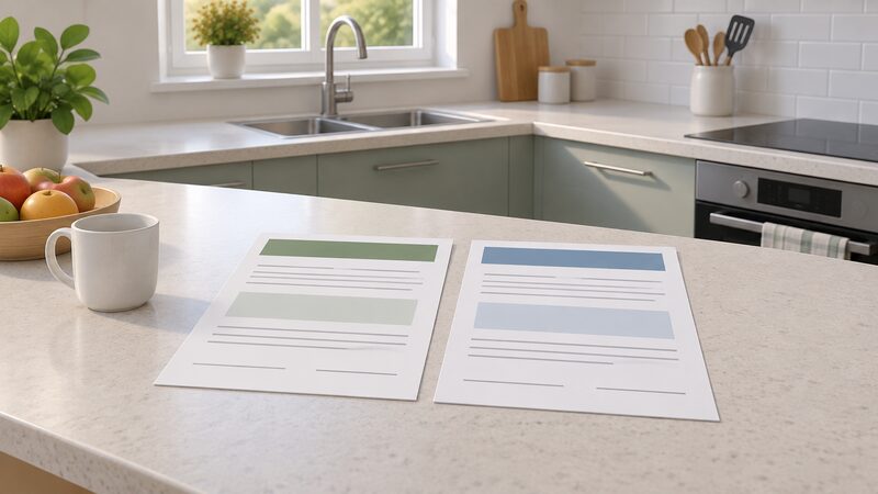 Two completion documents, a building regulations compliance certificate and an electrical installation certificate, lie side by side on a plain kitchen worktop, each shown as a physical sheet with blank signature lines and plain colour bands, with no readable words or numbers.