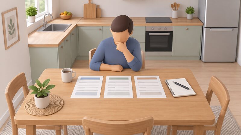A householder at a kitchen table lays three written quote documents side by side, comparing them line by line, with a notebook and pen at hand to note differences in specification, guarantee and price between the three firms.