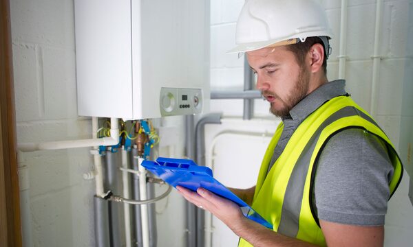 An engineer in a hard hat and hi-vis vest checks a clipboard beside a wall-mounted gas boiler and pipework