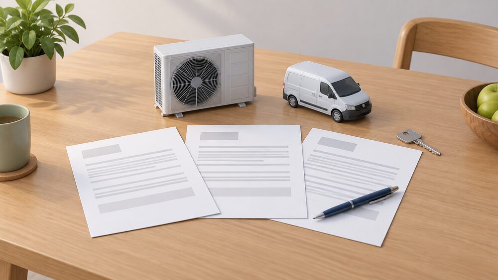 A kitchen table with three blank quote documents fanned out side by side, a pen resting on them, a small model of a heat pump outdoor unit and a small model of a van standing beside the papers, and a house key laid nearby.