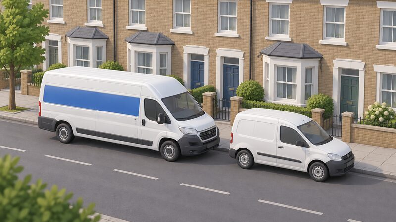 A large plain van and a smaller plain van parked side by side at the kerb outside a terraced house, the bigger one with a plain colour band across its side and the smaller one unmarked, with no readable text or logos on either.