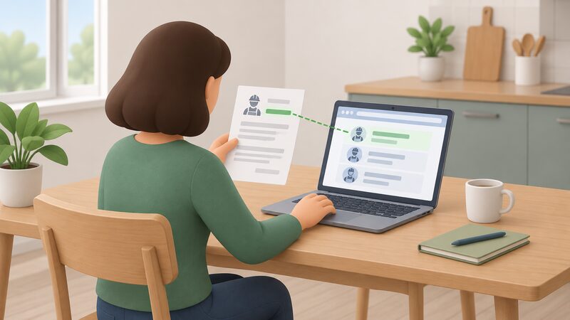 A householder at a kitchen table holds a paper quote in one hand while checking a laptop showing an online register, comparing the business name on the quote against the matching business name shown on the register entry.