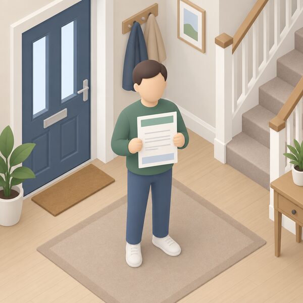 A householder standing in the hallway of their home holding a paper certificate of compliance with the Building Regulations, shown as a physical document with blank lines and plain colour bands, with the front door and staircase of the house visible behind them.