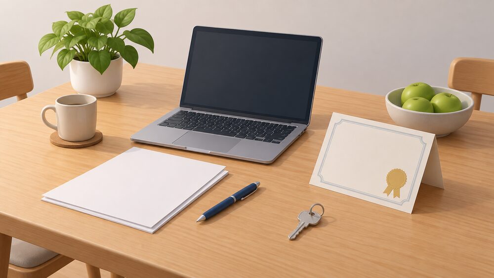 A kitchen table with blank paperwork, a blank-screen laptop, a pen and a house key arranged beside a folded certificate-style document, representing the moment a householder checks a firm's credentials before commissioning electrical work.