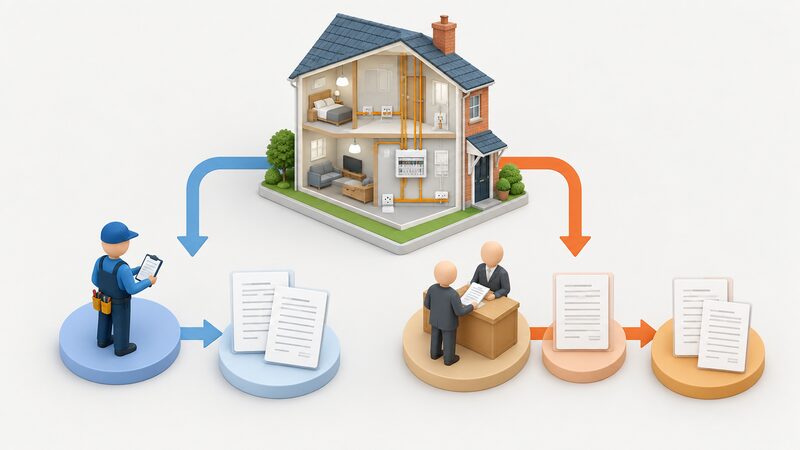 A split diagram showing a house with new electrical work leading down two routes: on one side a registered electrician self-certifies and issues certificates, on the other an unregistered installer's work goes through a building control application, each path ending in blank certificate documents.
