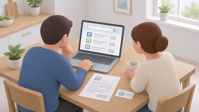 A household at a kitchen table checks a laptop showing a tradesperson search page, with a printed quote and a business card beside them, the screen displaying a plain search box and result blocks with no readable text.