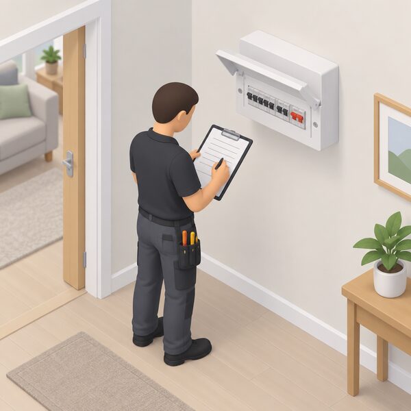 A registered electrician in plain work clothing stands in a domestic room beside a recently completed consumer unit, holding a BS 7671 electrical safety certificate on a clipboard and signing it with a pen, the blank certificate lines shown as plain ruled marks with no readable words or numbers.