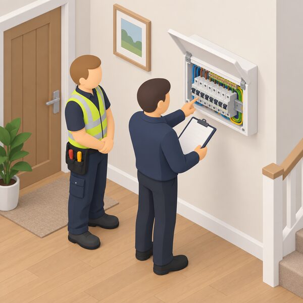 An experienced assessor, shown as a simplified isometric figure, stands beside a domestic consumer unit with its front cover open, checking the wiring and connections inside against a clipboard of technical standards while the registered electrician observes during an annual assessment.