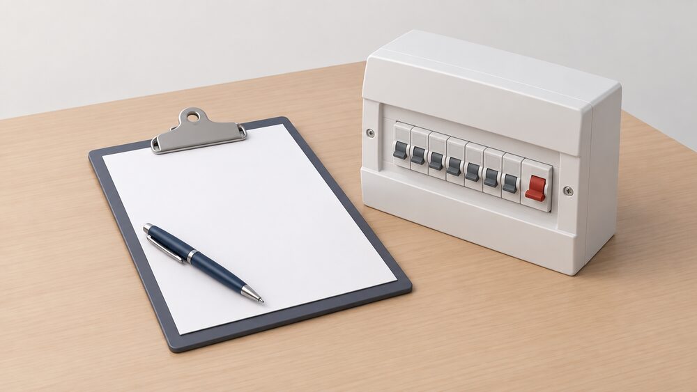 A small arrangement on a table of blank certificate paperwork on a clipboard with a pen resting on it, beside a compact model of a domestic consumer unit with its row of circuit breakers, representing the moment a registered electrician hands over the documents for notifiable electrical work.