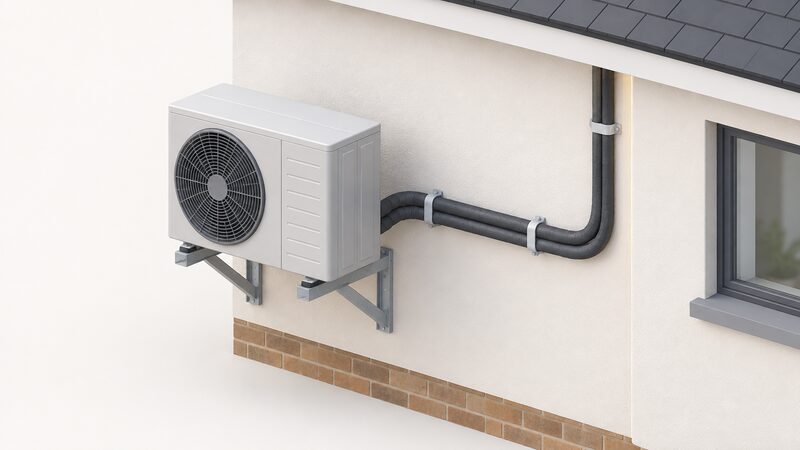An outdoor air source heat pump unit fixed to a wall bracket on the exterior wall of a house, with insulated pipework running from the unit along the wall in clips toward the house, shown in a simple isometric view.